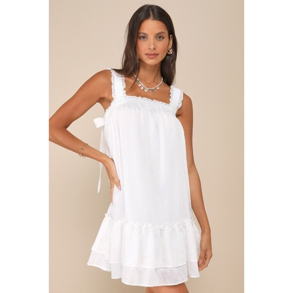 Lulus Sensationally Precious White Bow Ruffled Mini Shift Dress - Size S